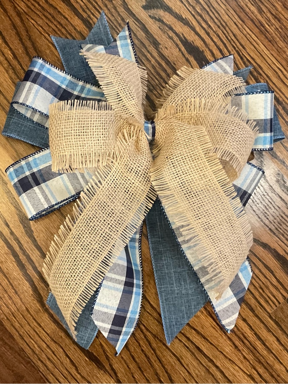 Blue Plaid and Burlap Holiday Wreath Bow